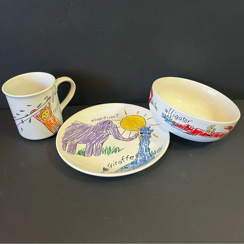Pier 1 Childrens Dish Set: Jungle Animals Cup Bowl Plate Colorful Monkey Giraffe